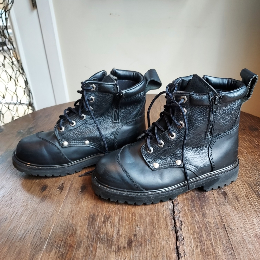 Men's Black Leather Lace-Up Tactical Boots with Side Zipper